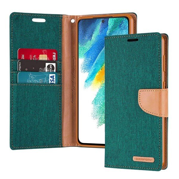 Goospery Canvas Green Samsung Galaxy S21 FE Wallet Case Cover Goospery Canvas Green Samsung Galaxy S21 FE Wallet Case Cover